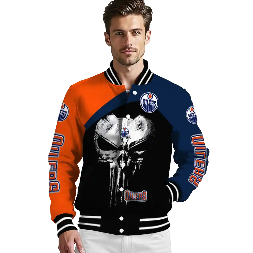 edmonton oilers edgy mask blue black varsity jacket high quality edmonton oilers edgy mask blue black varsity jacket high quality