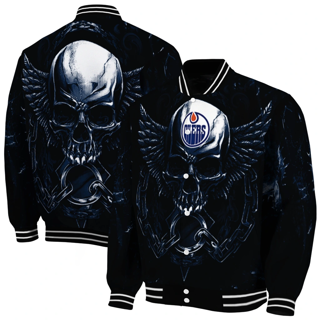 edmonton oilers skull bite blue black varsity jacket fashion forward edmonton oilers skull bite blue black varsity jacket fashion forward