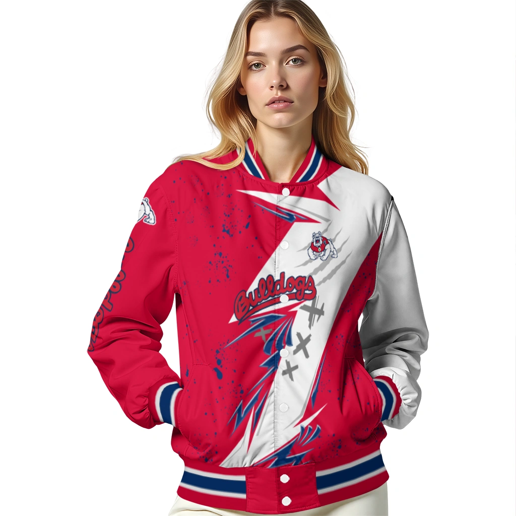 fresno state bulldogs ripped bolt red white varsity jacket latest model fresno state bulldogs ripped bolt red white varsity jacket latest model