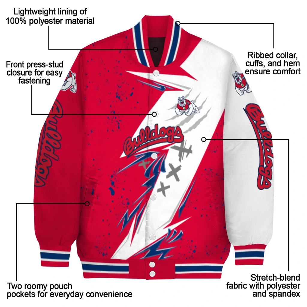 fresno state bulldogs ripped bolt red white varsity jacket new arrival fresno state bulldogs ripped bolt red white varsity jacket new arrival