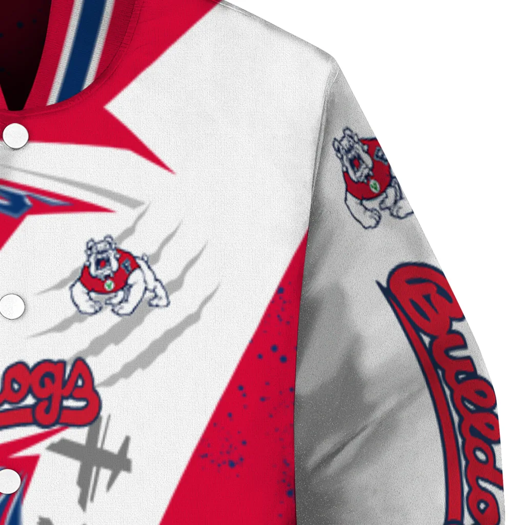 fresno state bulldogs ripped bolt red white varsity jacket premium grade fresno state bulldogs ripped bolt red white varsity jacket premium grade