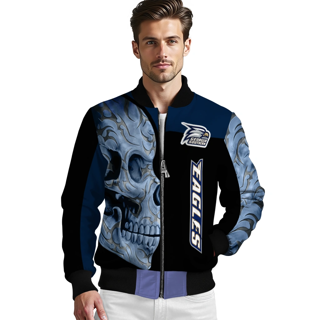 georgia southern eagles fire skull blue black bomber jacket high quality georgia southern eagles fire skull blue black bomber jacket high quality