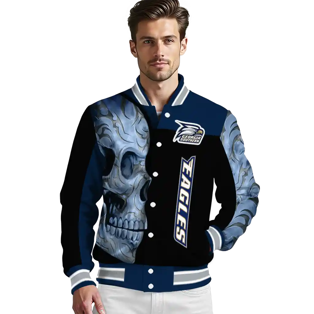 georgia southern eagles fire skull blue black varsity jacket high quality georgia southern eagles fire skull blue black varsity jacket high quality