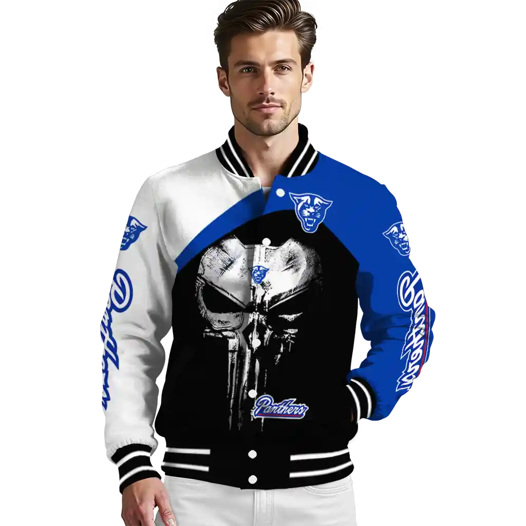 georgia state panthers edgy mask blue black varsity jacket high quality georgia state panthers edgy mask blue black varsity jacket high quality