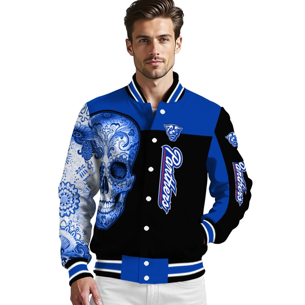 georgia state panthers intricate skull blue black varsity jacket high quality georgia state panthers intricate skull blue black varsity jacket high quality