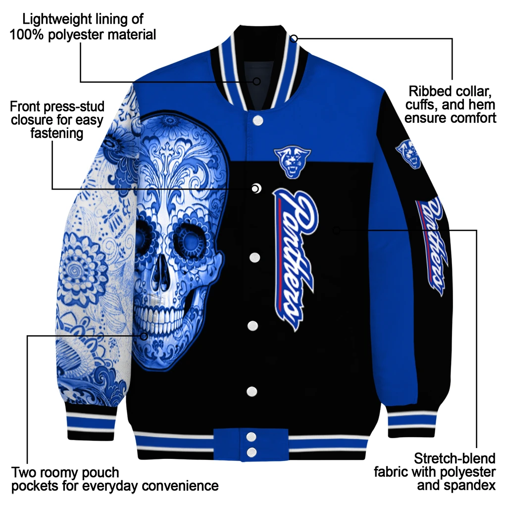 georgia state panthers intricate skull blue black varsity jacket new arrival georgia state panthers intricate skull blue black varsity jacket new arrival