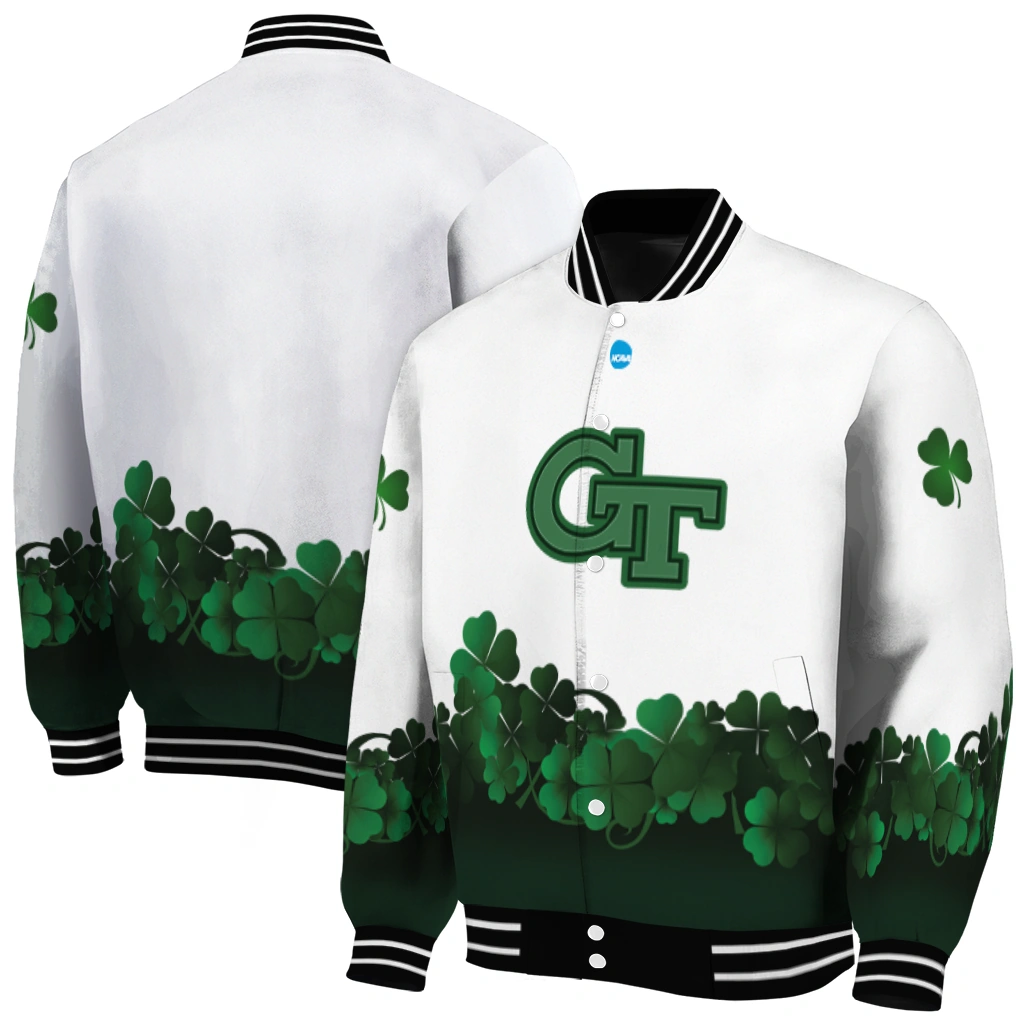 georgia tech yellow jackets clovers pattern white green varsity jacket fashion forward georgia tech yellow jackets clovers pattern white green varsity jacket fashion forward