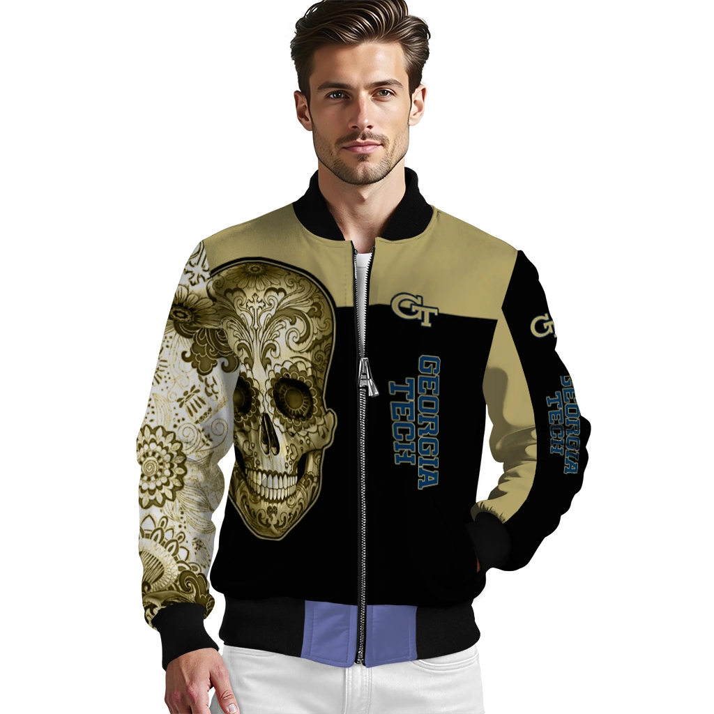 georgia tech yellow jackets intricate skull gold black bomber jacket high quality georgia tech yellow jackets intricate skull gold black bomber jacket high quality