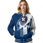 houston astros skull outline blue white varsity jacket best selling