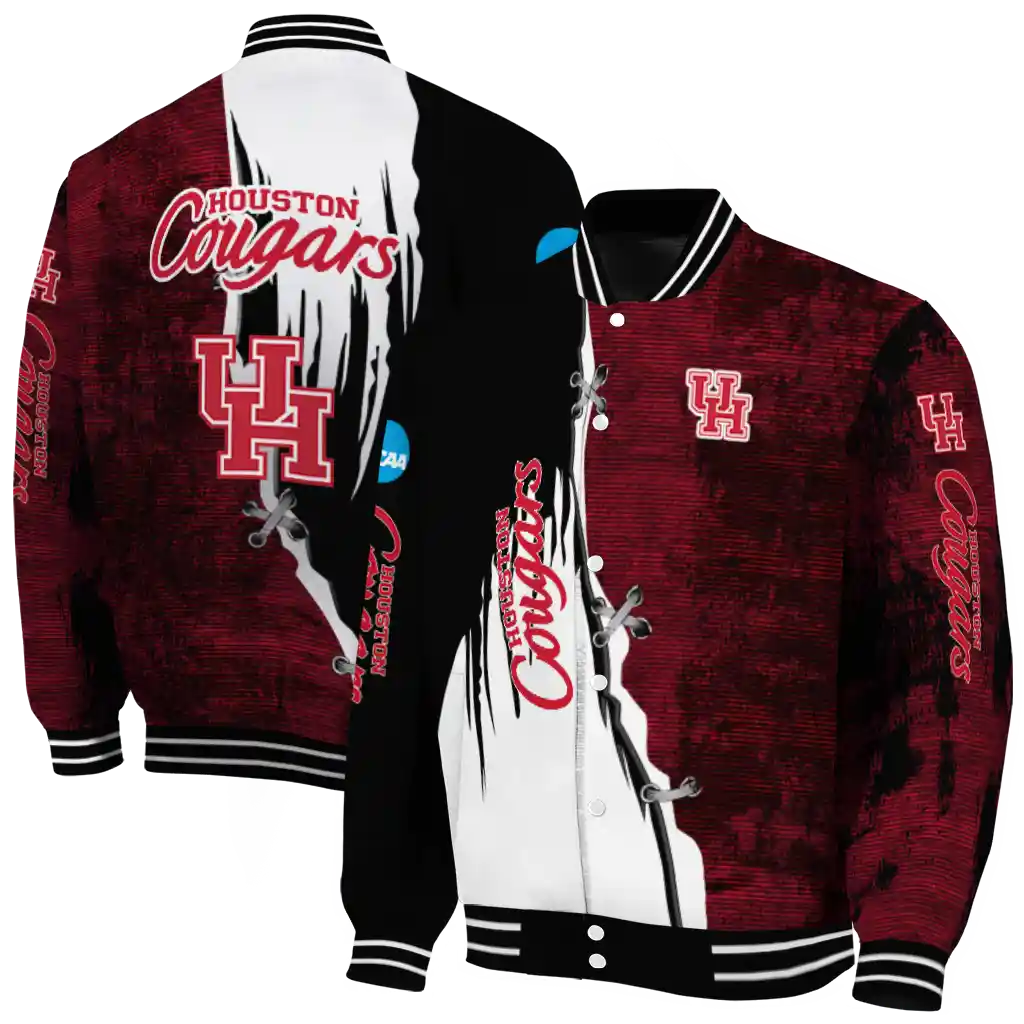 houston cougars torn texture print red black varsity jacket fashion forward houston cougars torn texture print red black varsity jacket fashion forward
