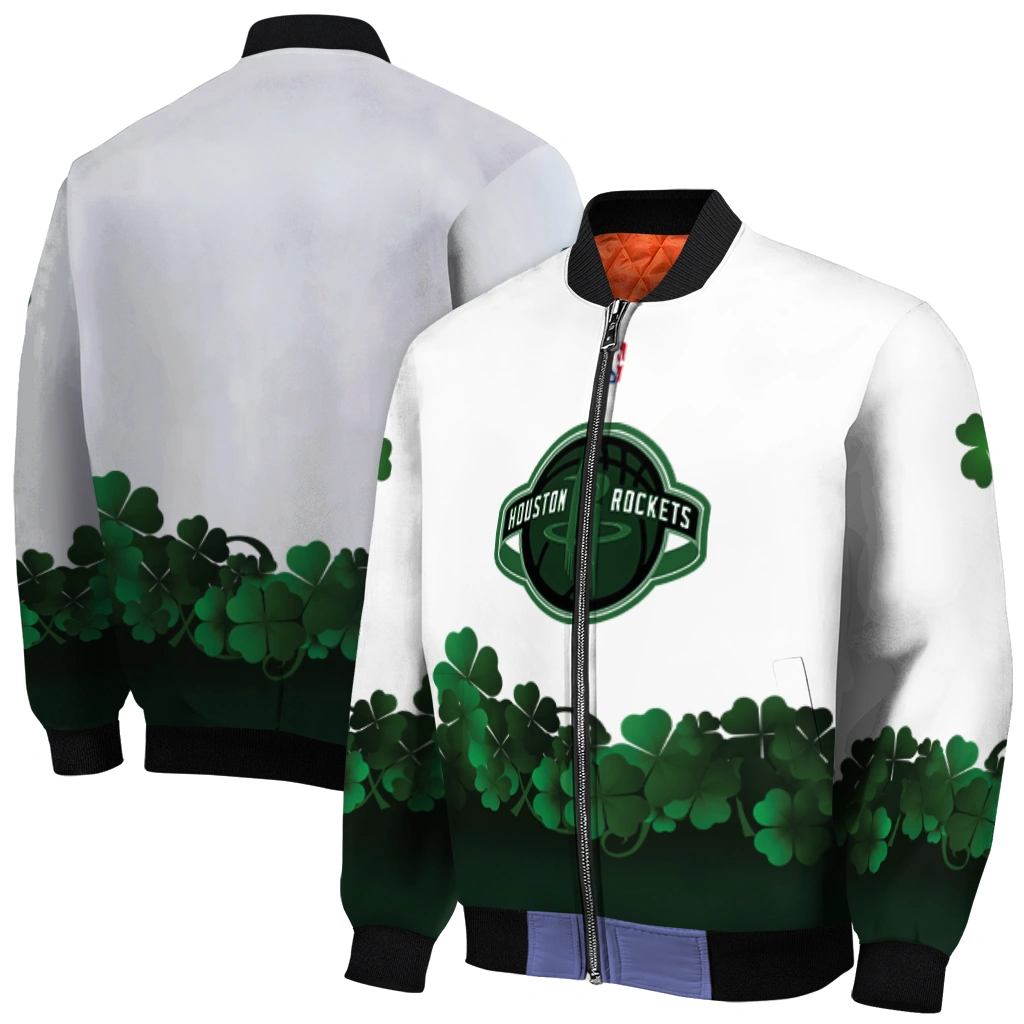 houston rockets clover pattern print white green bomber jacket best selling houston rockets clover pattern print white green bomber jacket best selling