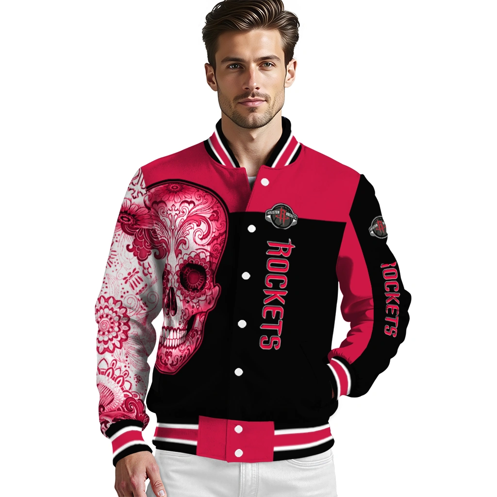 houston rockets intricate skull red black varsity jacket high quality houston rockets intricate skull red black varsity jacket high quality