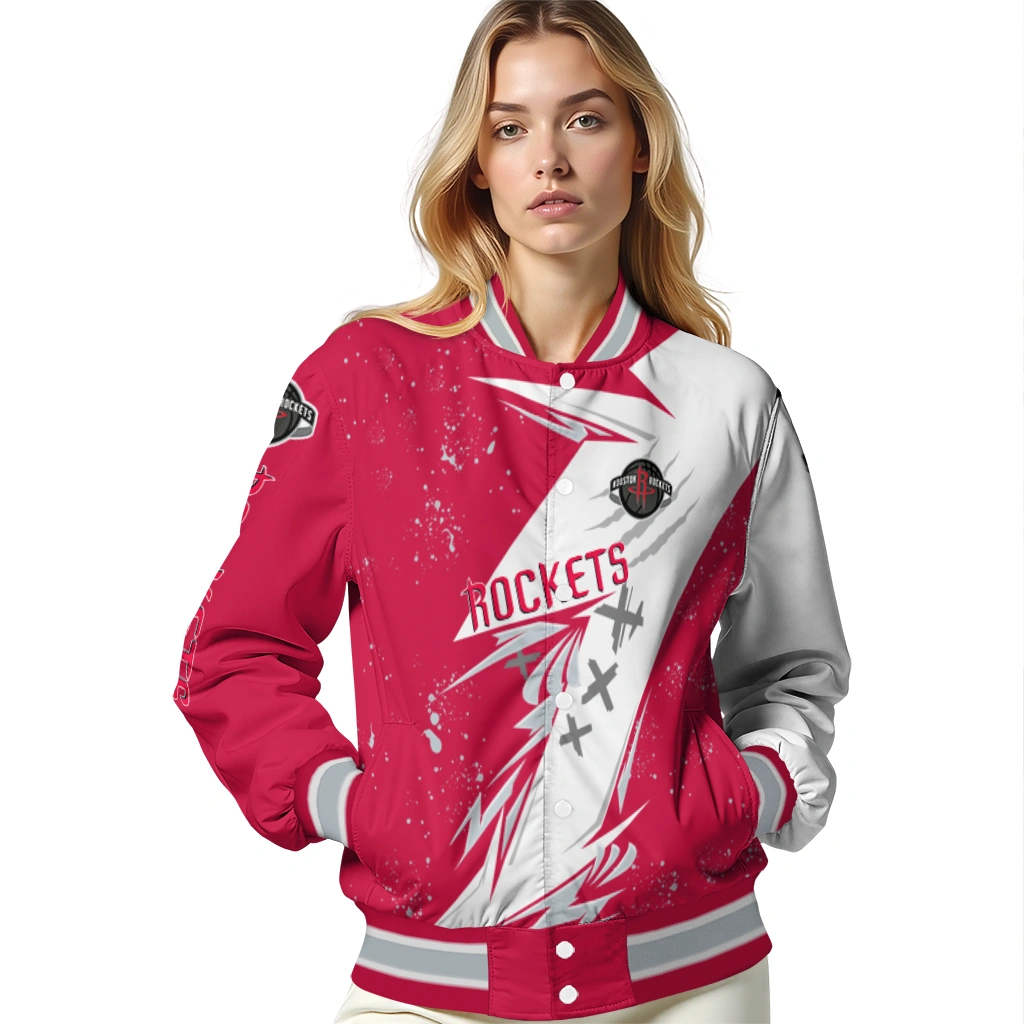 houston rockets ripped bolt red white varsity jacket latest model houston rockets ripped bolt red white varsity jacket latest model