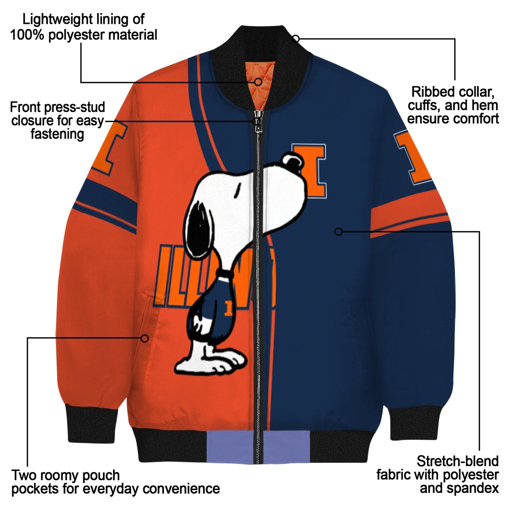 illinois fighting illini snoopy attitude blue bomber jacket new arrival illinois fighting illini snoopy attitude blue bomber jacket new arrival