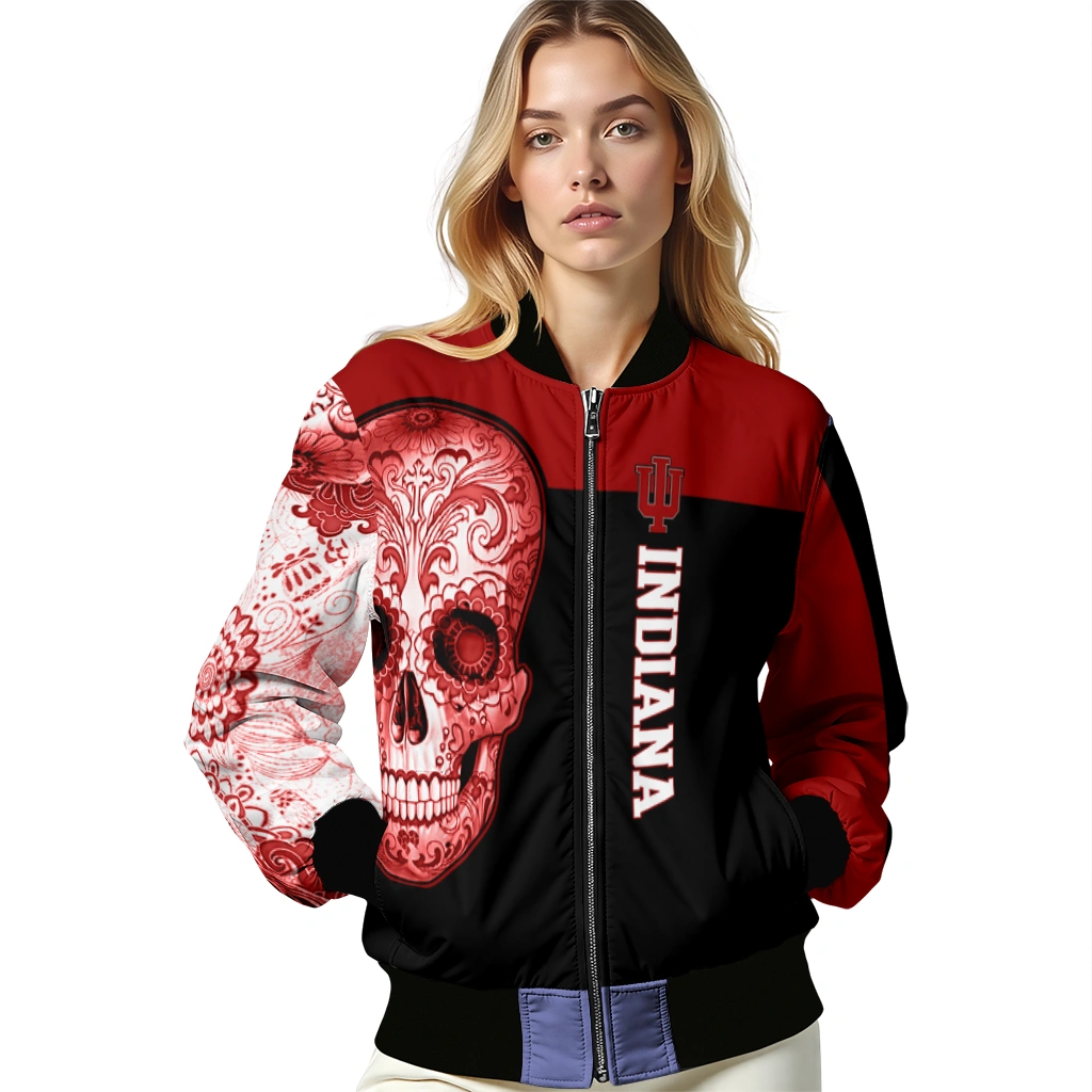 indiana hoosiers intricate skull red black bomber jacket latest model indiana hoosiers intricate skull red black bomber jacket latest model