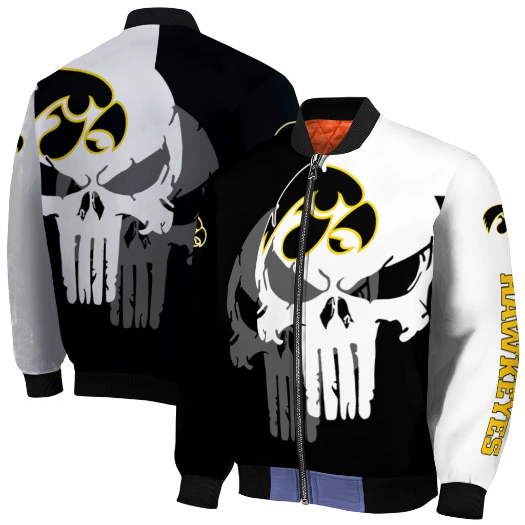 iowa hawkeyes skull outline black white bomber jacket best selling iowa hawkeyes skull outline black white bomber jacket best selling