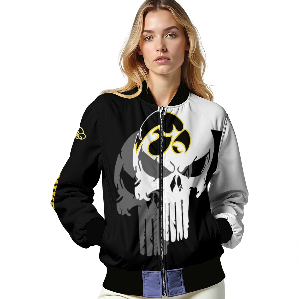 iowa hawkeyes skull outline black white bomber jacket latest model iowa hawkeyes skull outline black white bomber jacket latest model