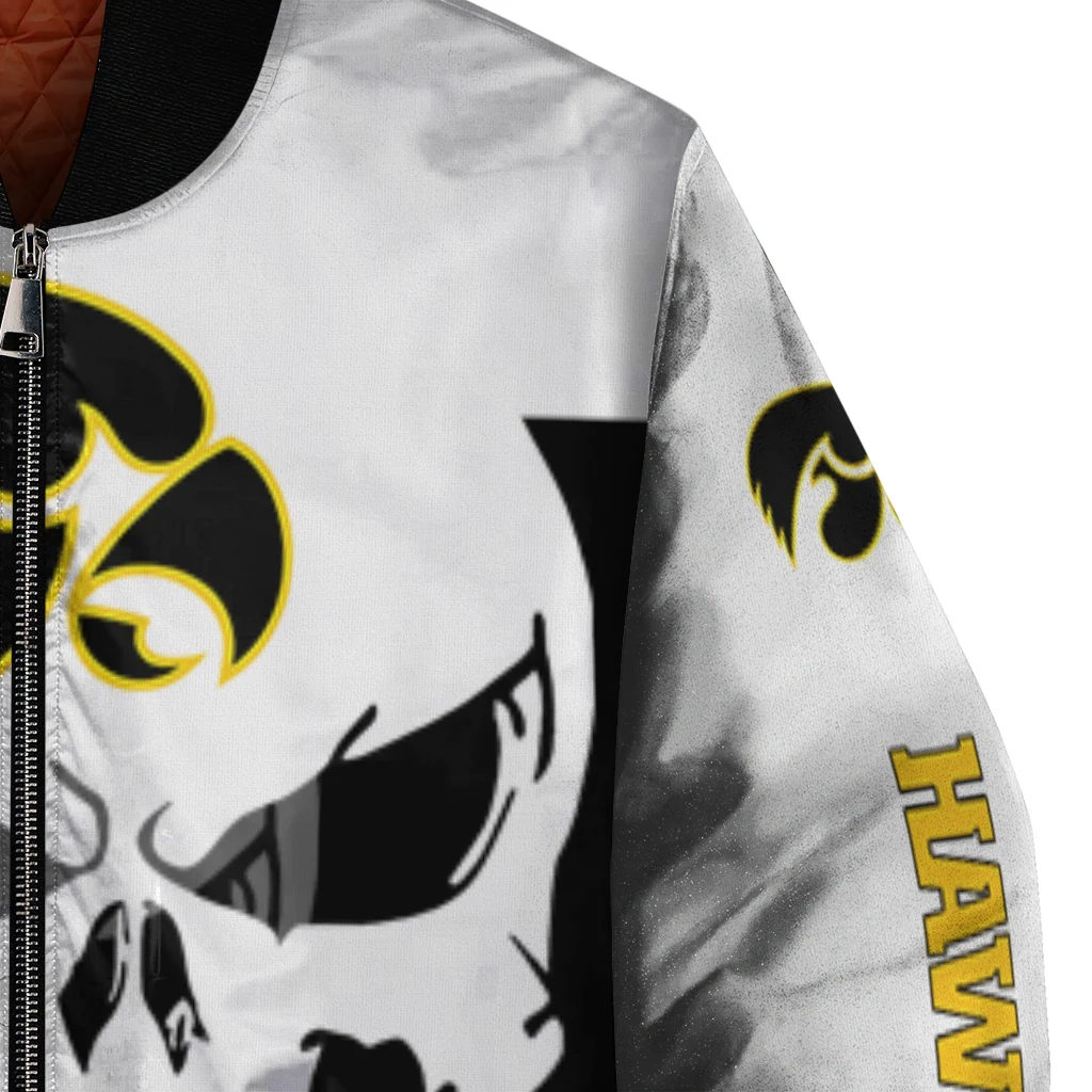 iowa hawkeyes skull outline black white bomber jacket premium grade iowa hawkeyes skull outline black white bomber jacket premium grade