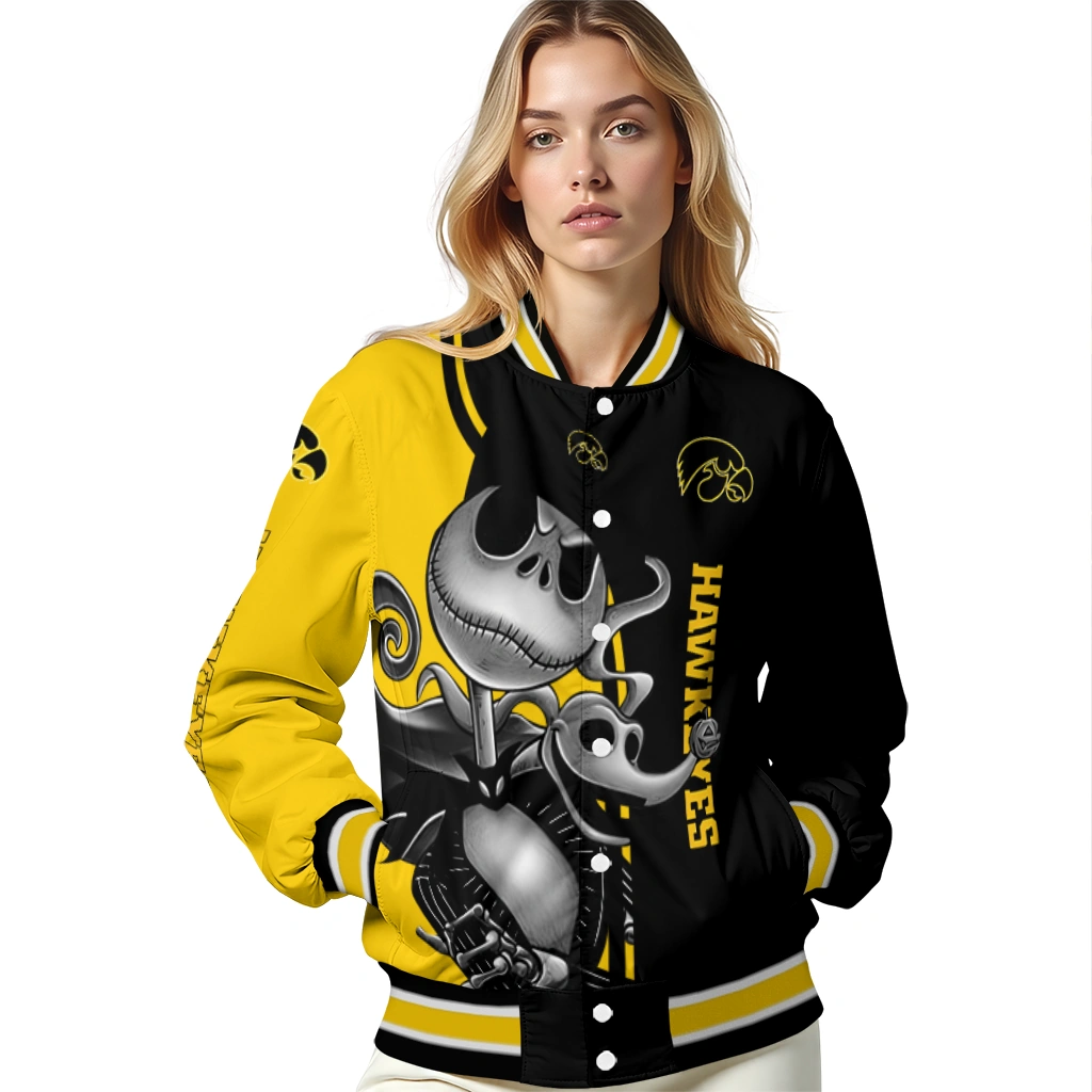iowa hawkeyes spooky grin black varsity jacket latest model iowa hawkeyes spooky grin black varsity jacket latest model