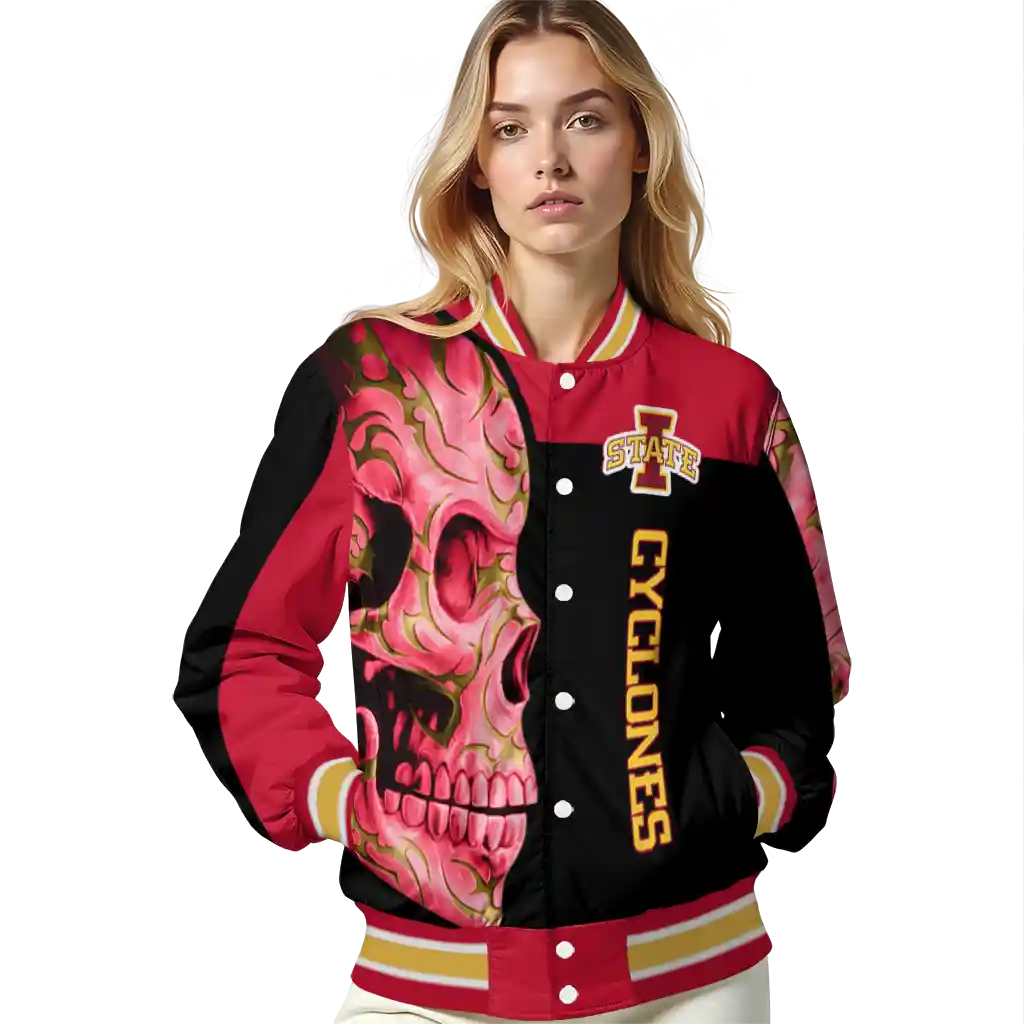 iowa state cyclones fire skull red black varsity jacket latest model iowa state cyclones fire skull red black varsity jacket latest model
