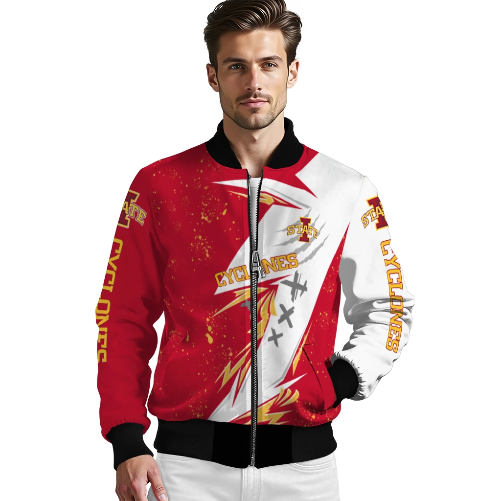 iowa state cyclones ripped bolt red white bomber jacket high quality iowa state cyclones ripped bolt red white bomber jacket high quality