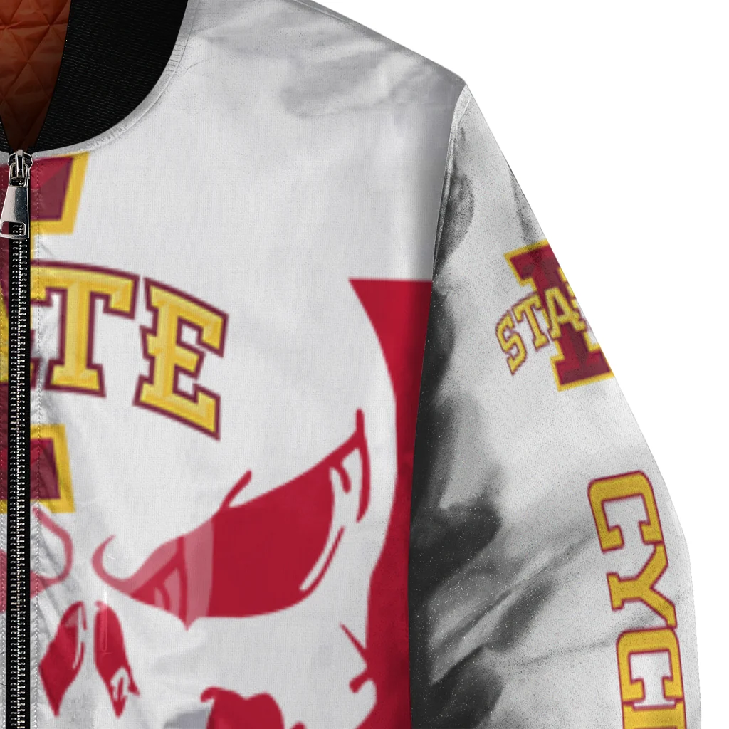 iowa state cyclones skull outline red white bomber jacket premium grade iowa state cyclones skull outline red white bomber jacket premium grade