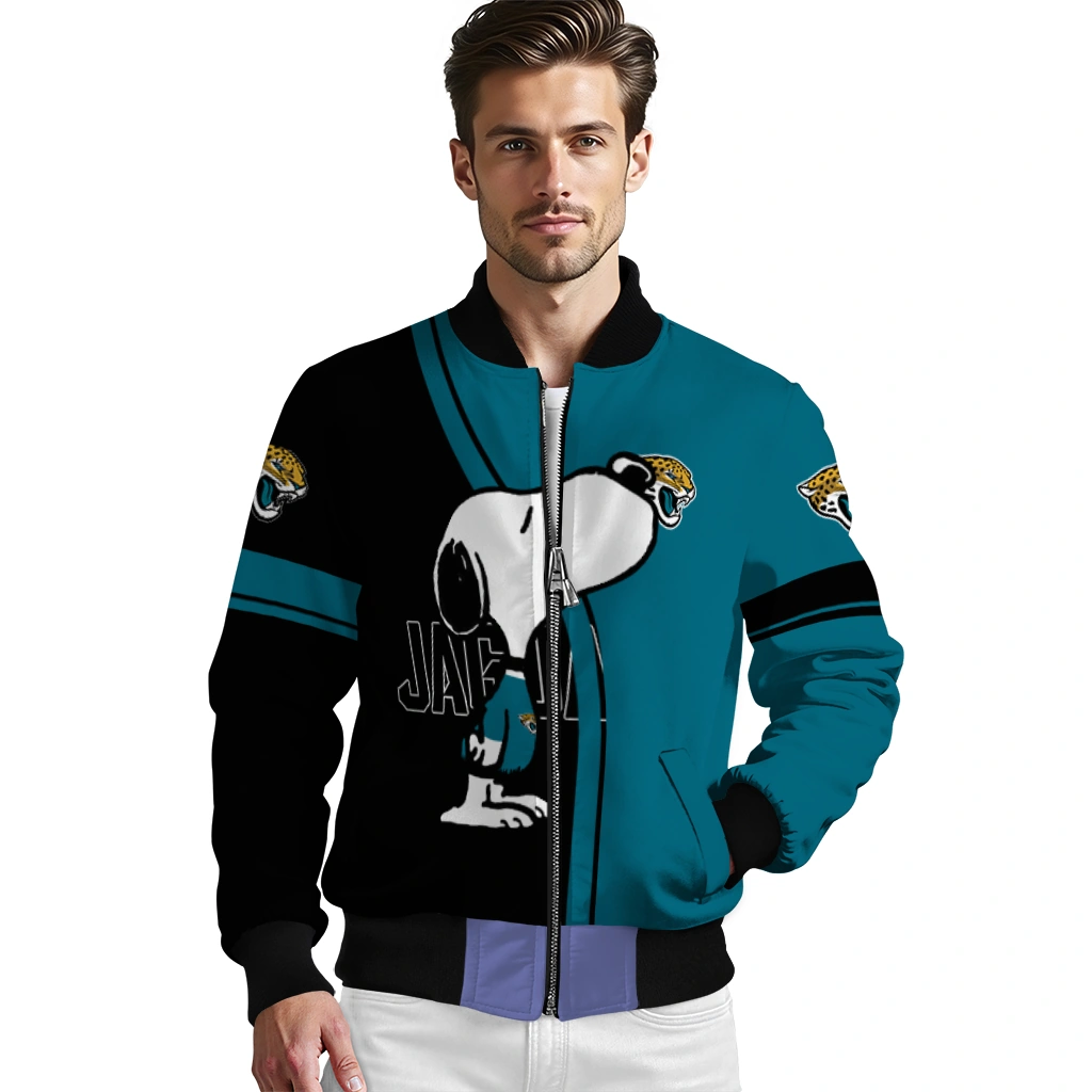 jacksonville jaguars snoopy attitude teal bomber jacket high quality jacksonville jaguars snoopy attitude teal bomber jacket high quality