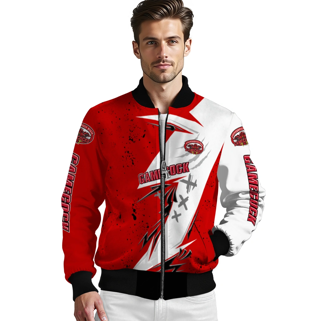 jacksonville state gamecocks ripped bolt red white bomber jacket high quality jacksonville state gamecocks ripped bolt red white bomber jacket high quality