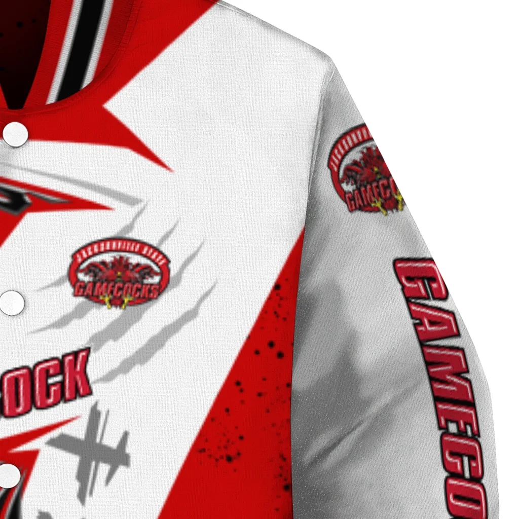 jacksonville state gamecocks ripped bolt red white varsity jacket premium grade jacksonville state gamecocks ripped bolt red white varsity jacket premium grade