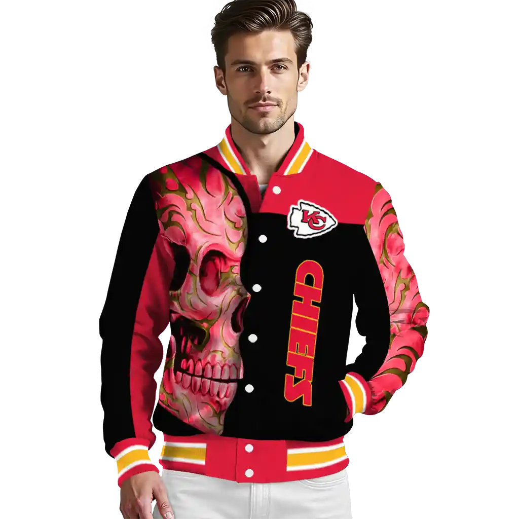 kansas city chiefs fire skull red black varsity jacket high quality kansas city chiefs fire skull red black varsity jacket high quality