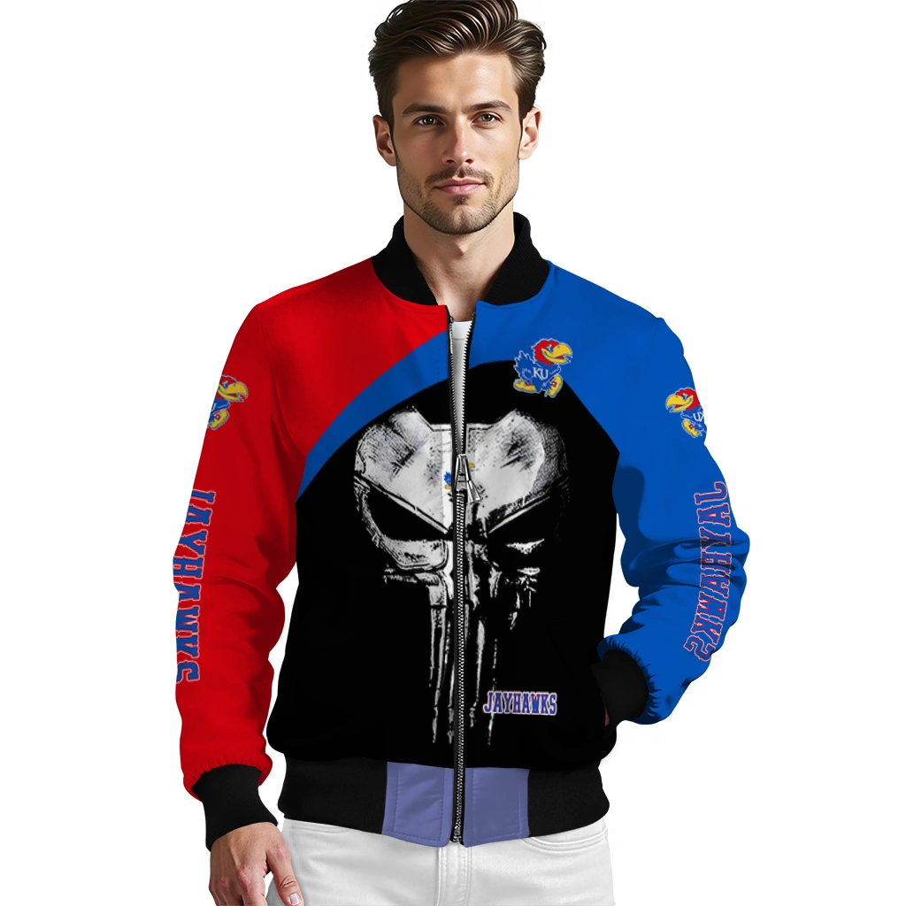 kansas jayhawks edgy mask blue black bomber jacket high quality kansas jayhawks edgy mask blue black bomber jacket high quality