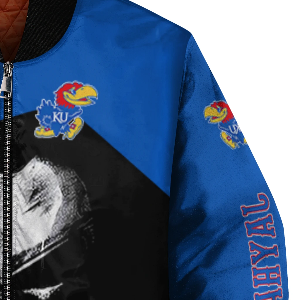 kansas jayhawks edgy mask blue black bomber jacket premium grade kansas jayhawks edgy mask blue black bomber jacket premium grade