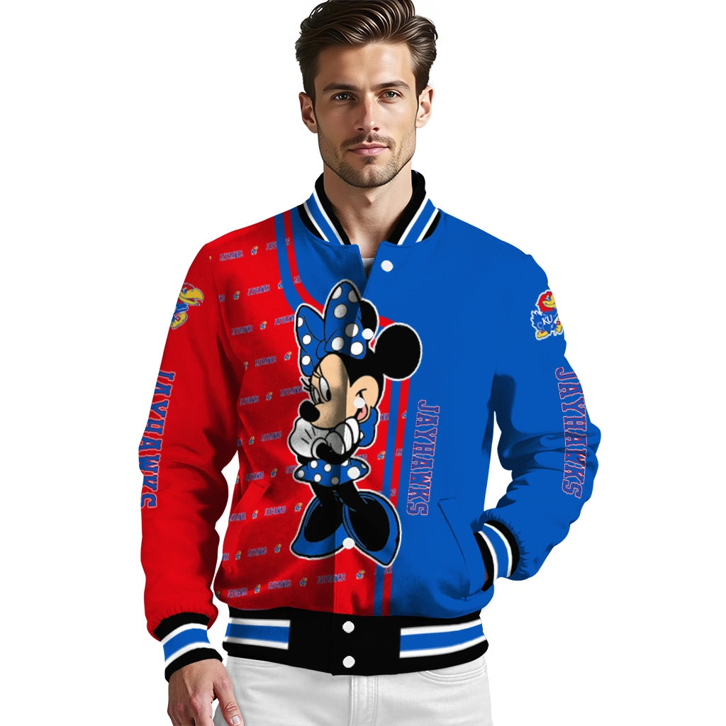 kansas jayhawks minnie mouse blue varsity jacket high quality kansas jayhawks minnie mouse blue varsity jacket high quality