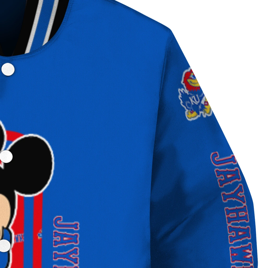 kansas jayhawks minnie mouse blue varsity jacket premium grade kansas jayhawks minnie mouse blue varsity jacket premium grade