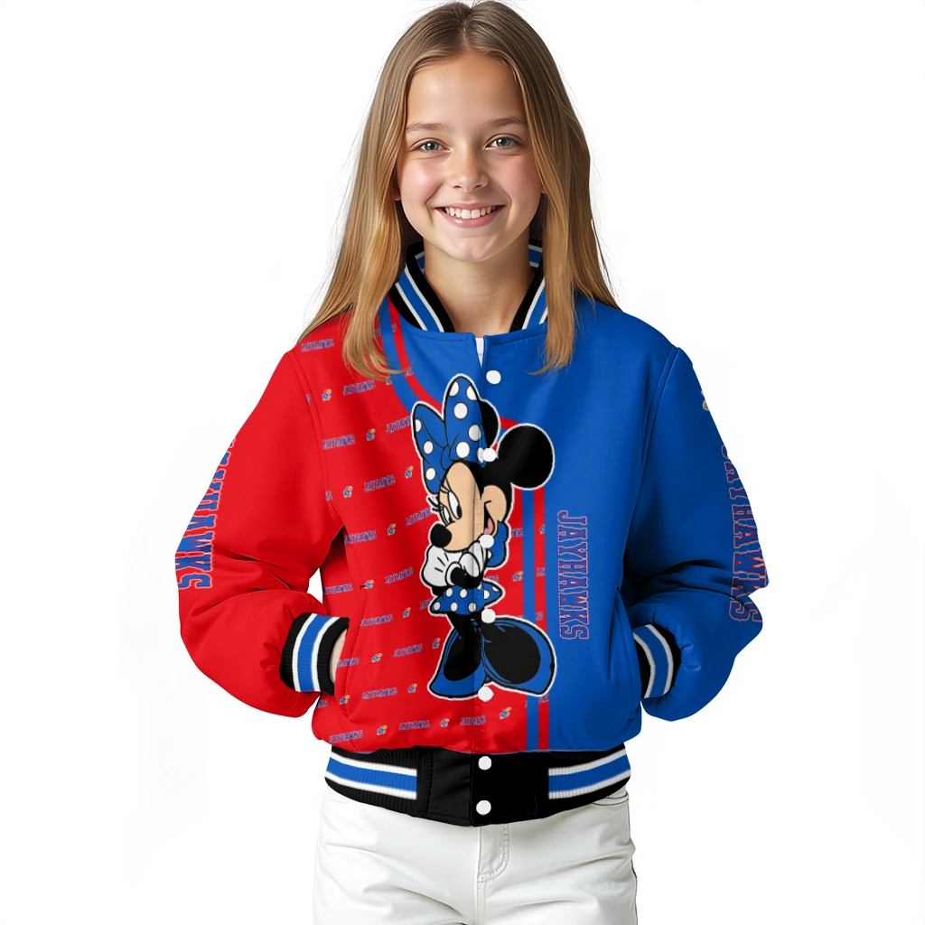 kansas jayhawks minnie mouse blue varsity jacket top rated kansas jayhawks minnie mouse blue varsity jacket top rated