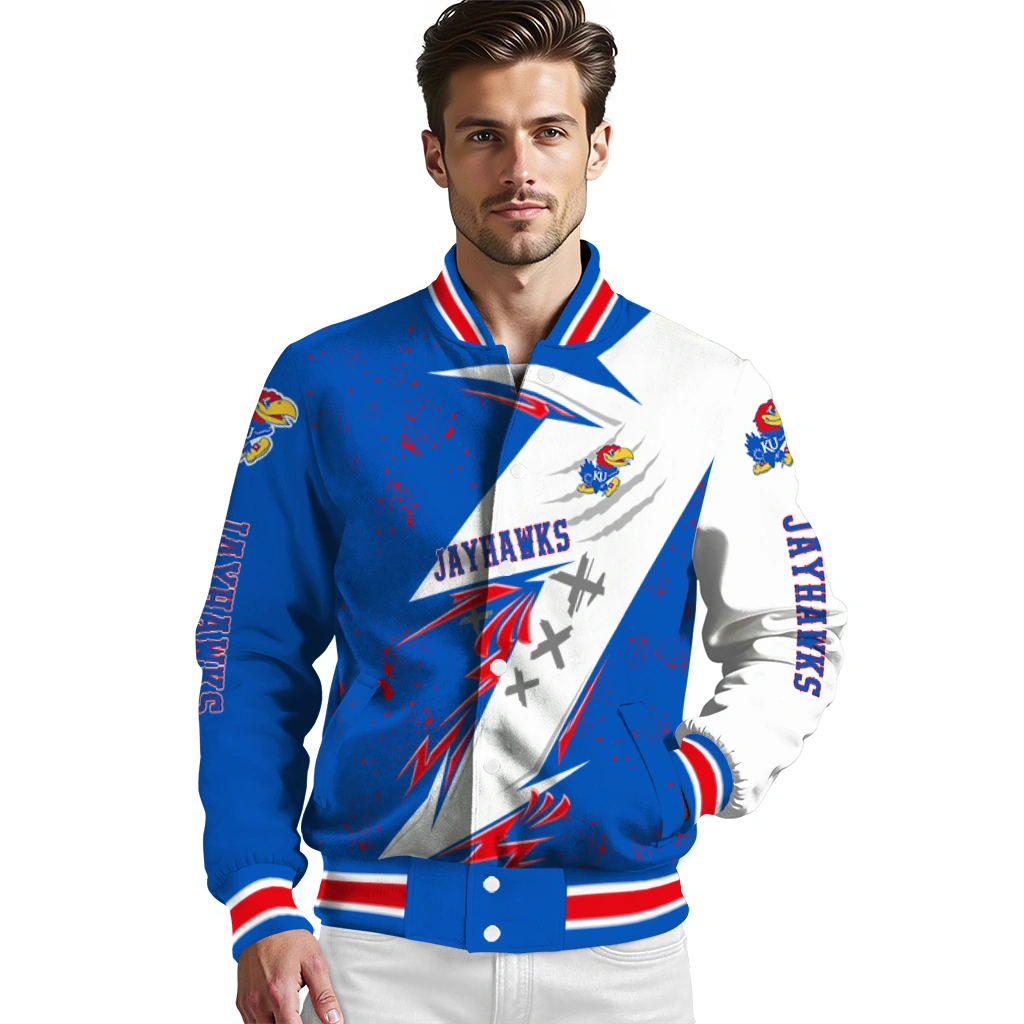 kansas jayhawks ripped bolt blue white varsity jacket high quality kansas jayhawks ripped bolt blue white varsity jacket high quality