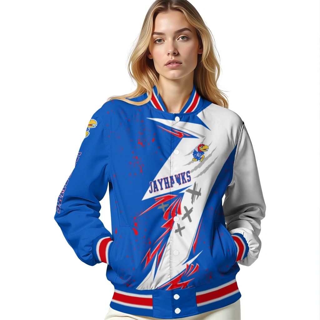 kansas jayhawks ripped bolt blue white varsity jacket latest model kansas jayhawks ripped bolt blue white varsity jacket latest model