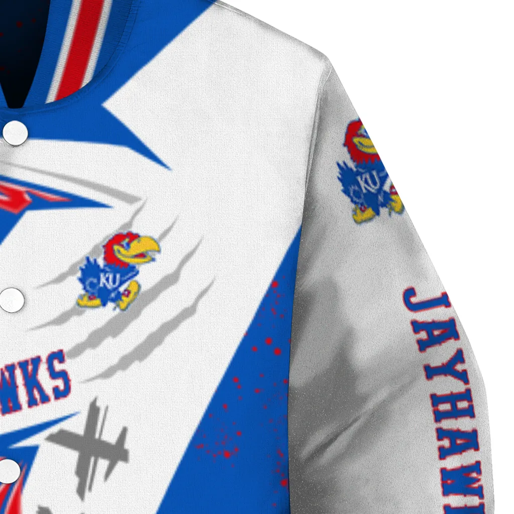 kansas jayhawks ripped bolt blue white varsity jacket premium grade kansas jayhawks ripped bolt blue white varsity jacket premium grade