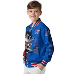 kansas jayhawks spooky grin blue varsity jacket best selling
