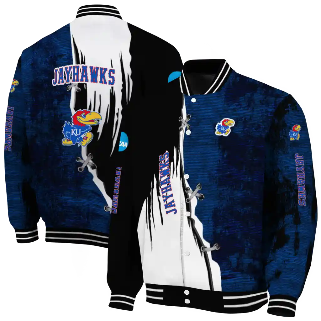 kansas jayhawks torn texture print blue black varsity jacket fashion forward kansas jayhawks torn texture print blue black varsity jacket fashion forward