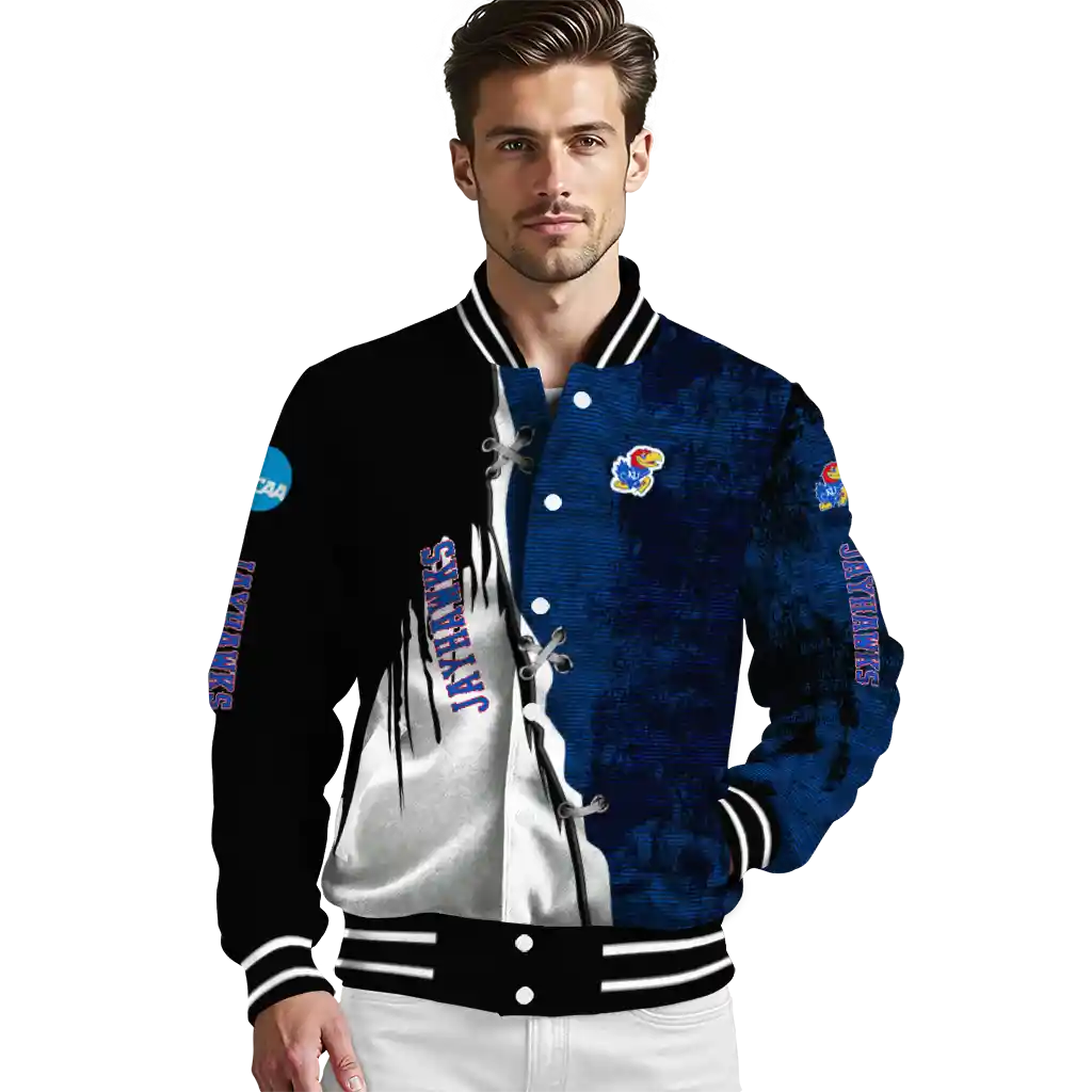 kansas jayhawks torn texture print blue black varsity jacket high quality kansas jayhawks torn texture print blue black varsity jacket high quality
