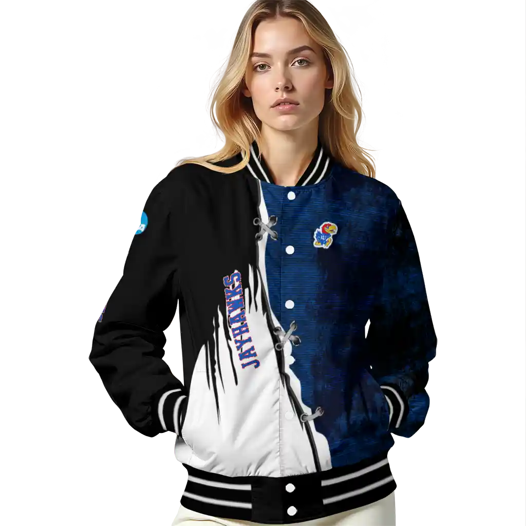 kansas jayhawks torn texture print blue black varsity jacket latest model kansas jayhawks torn texture print blue black varsity jacket latest model