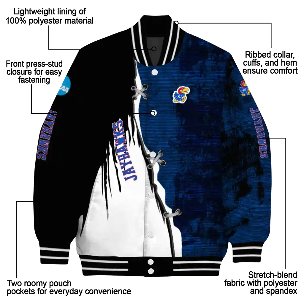 kansas jayhawks torn texture print blue black varsity jacket new arrival kansas jayhawks torn texture print blue black varsity jacket new arrival