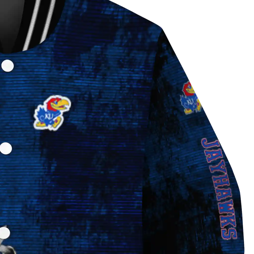 kansas jayhawks torn texture print blue black varsity jacket premium grade kansas jayhawks torn texture print blue black varsity jacket premium grade