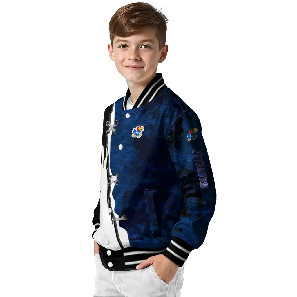 kansas jayhawks torn texture print blue black varsity jacket trendy kansas jayhawks torn texture print blue black varsity jacket trendy