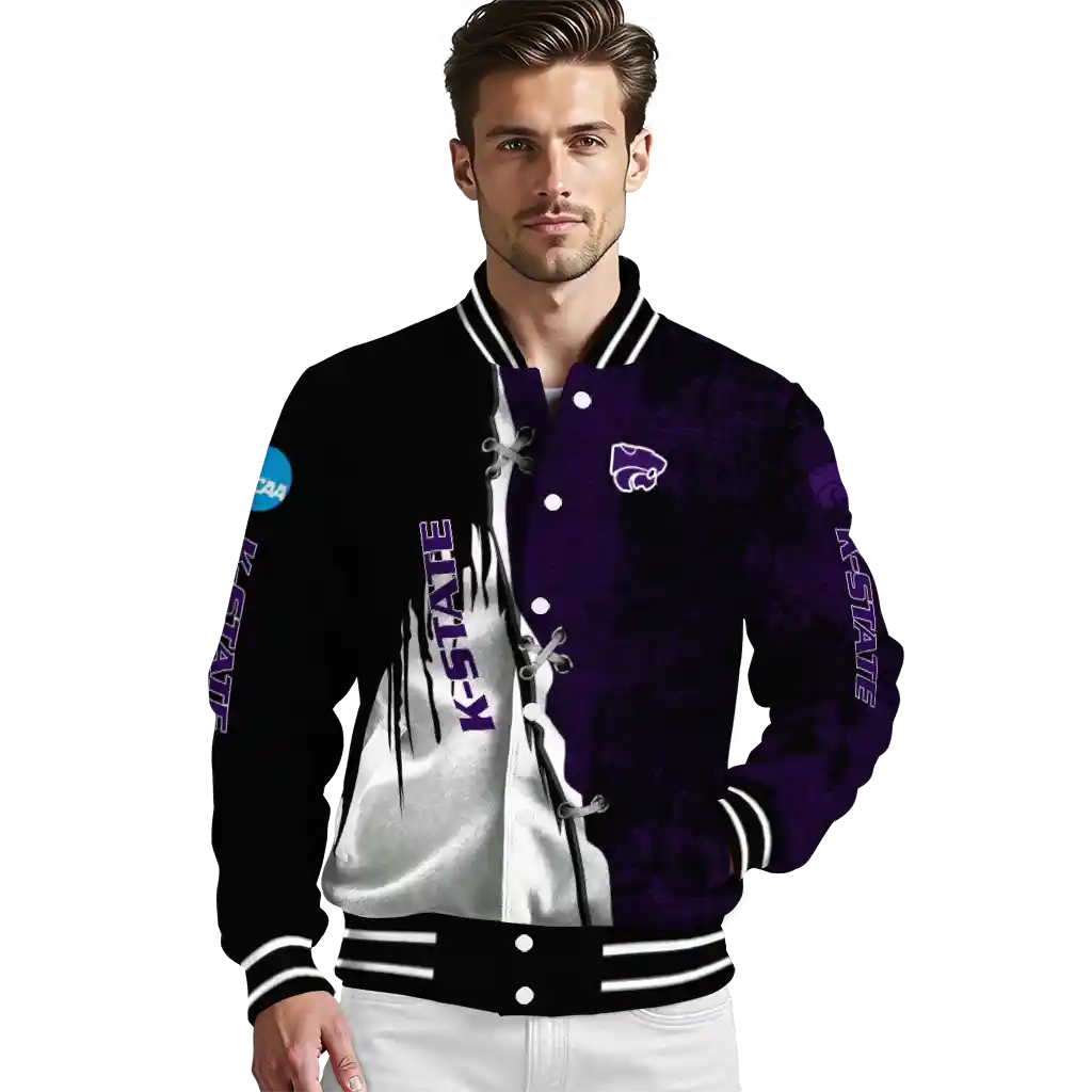 kansas state wildcats torn texture print purple black varsity jacket high quality kansas state wildcats torn texture print purple black varsity jacket high quality