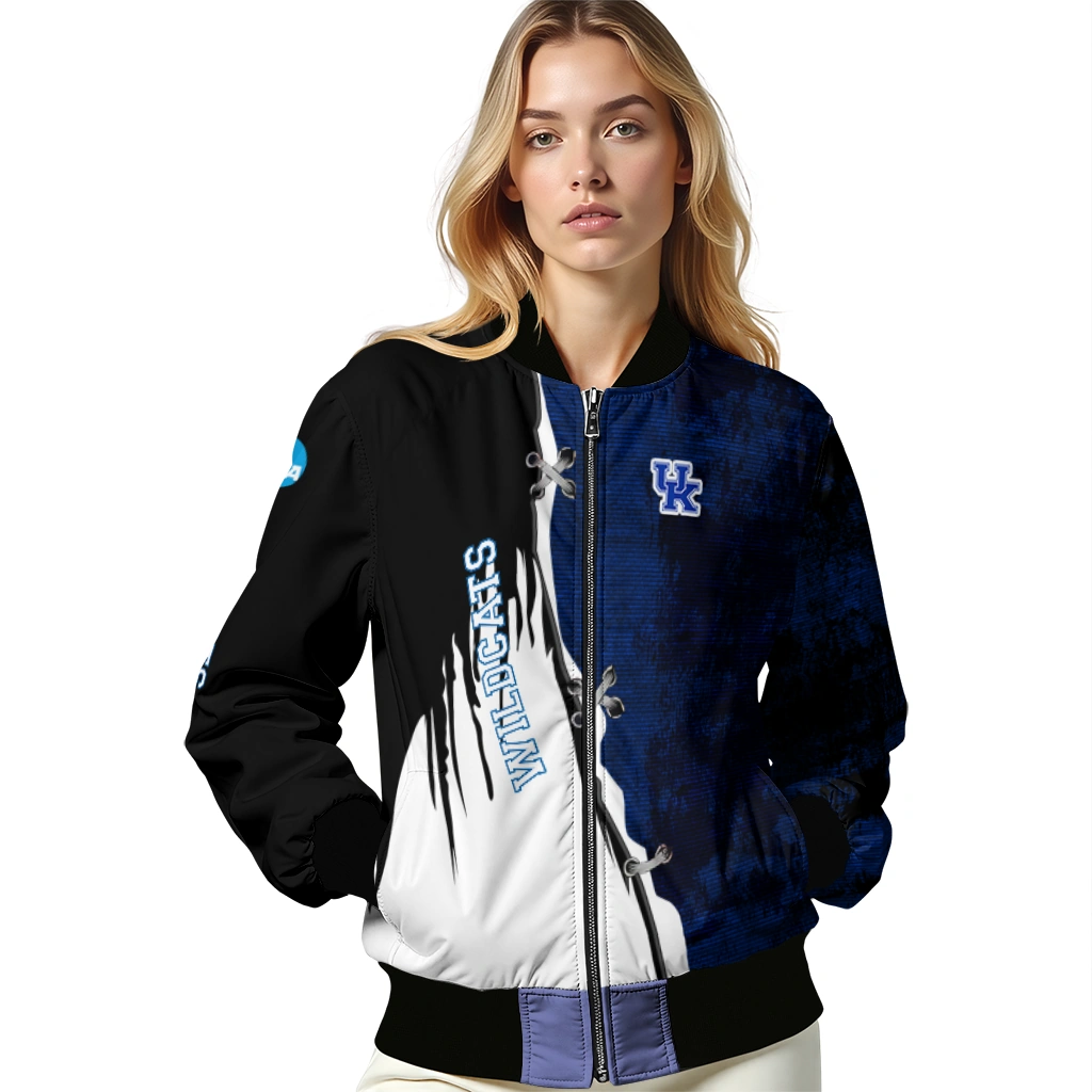 kentucky wildcats torn texture print blue black bomber jacket latest model kentucky wildcats torn texture print blue black bomber jacket latest model