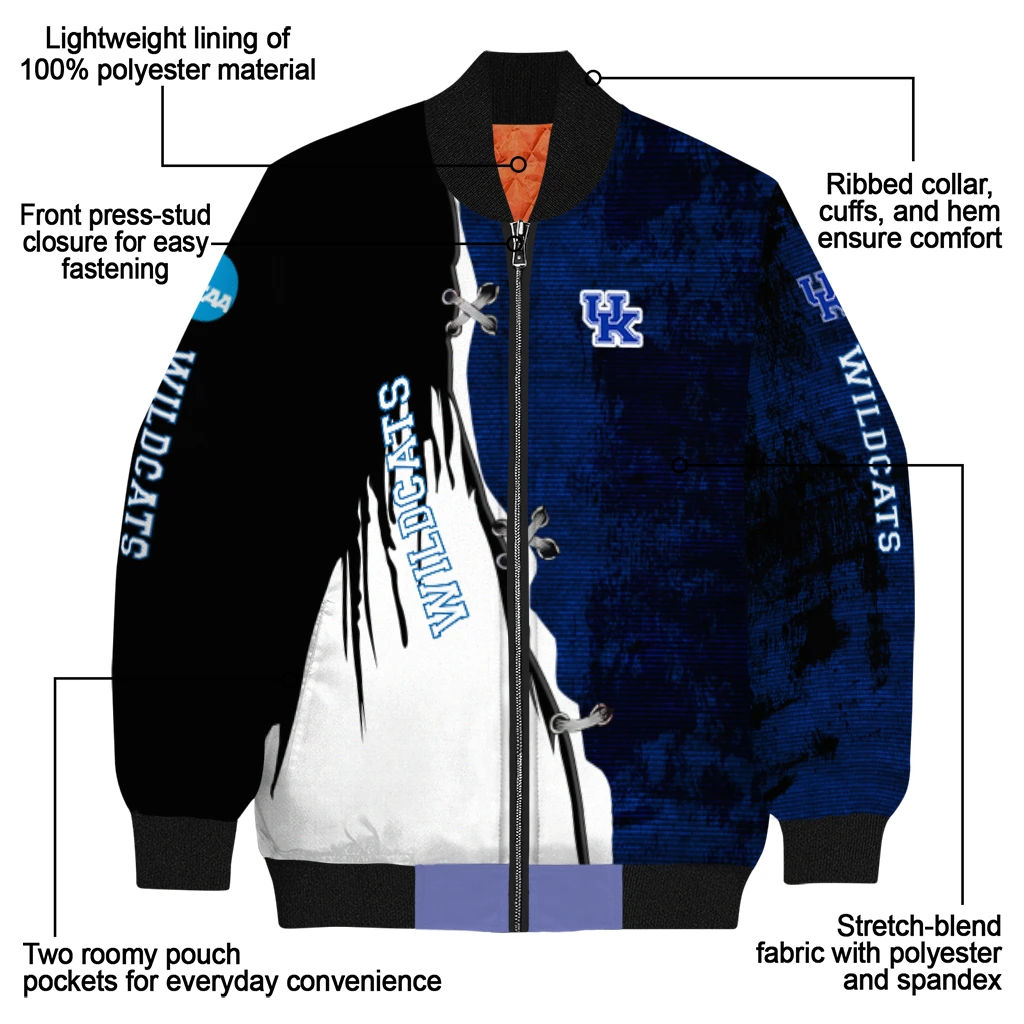 kentucky wildcats torn texture print blue black bomber jacket new arrival kentucky wildcats torn texture print blue black bomber jacket new arrival