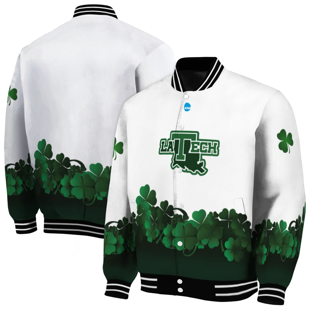 la tech clovers pattern white green varsity jacket fashion forward la tech clovers pattern white green varsity jacket fashion forward