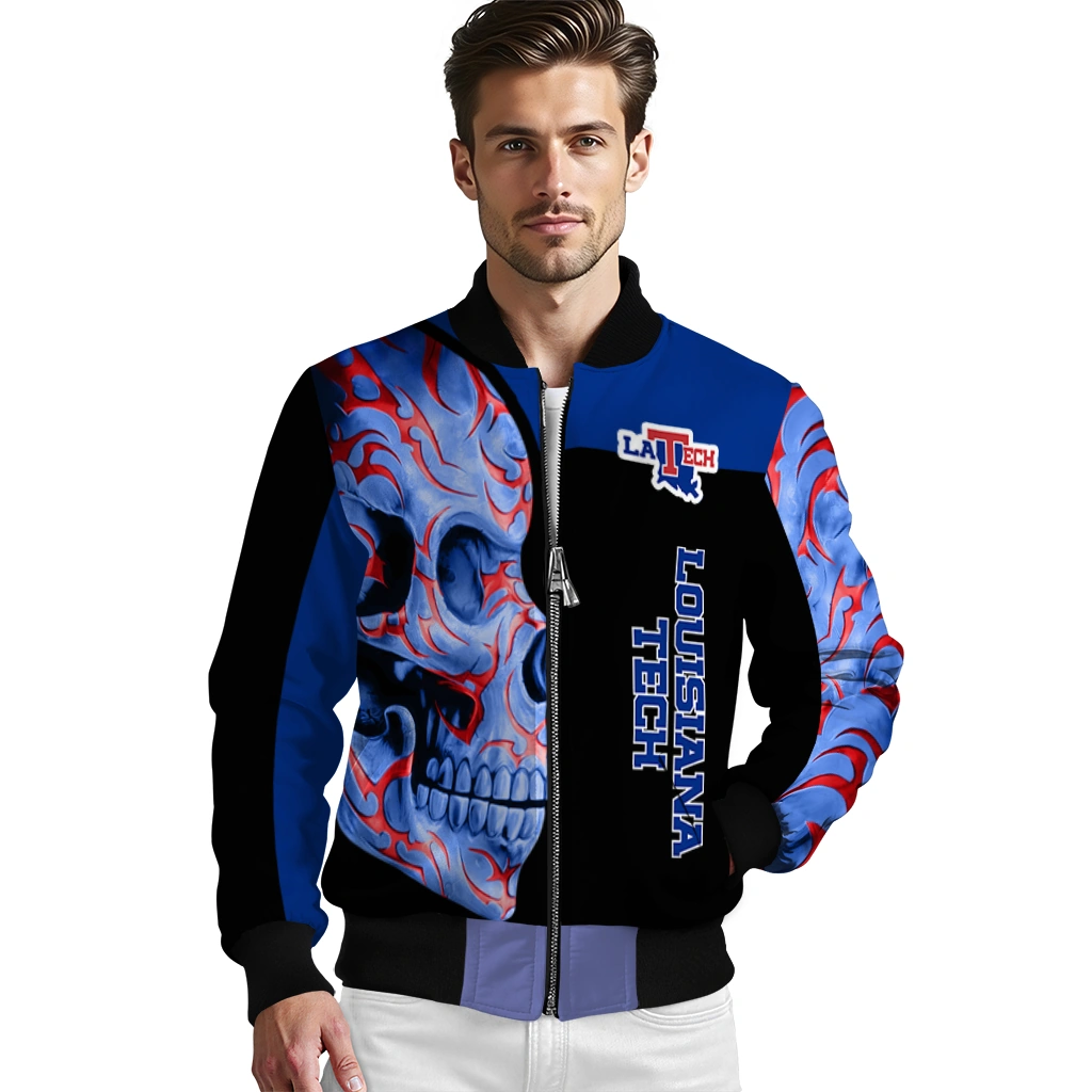 la tech fire skull blue black bomber jacket high quality la tech fire skull blue black bomber jacket high quality
